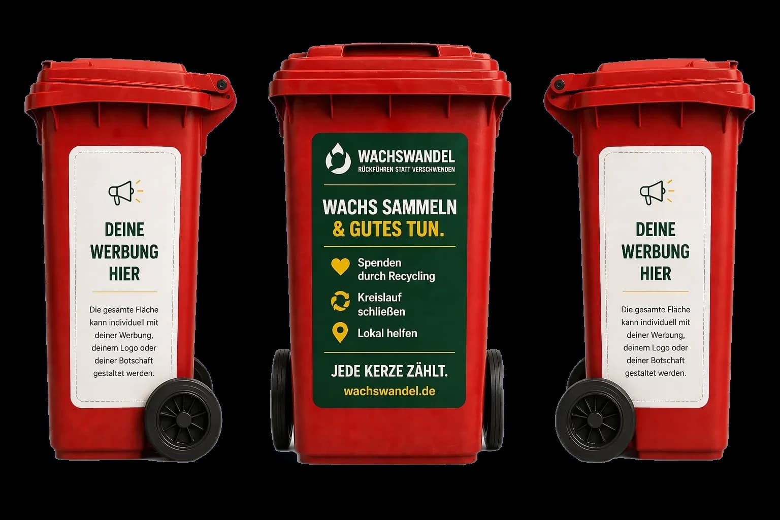 Drei Wachswandel-Sammeltonnen - links und rechts mit Werbe-Platzhalter, Mitte mit Wachswandel-Branding