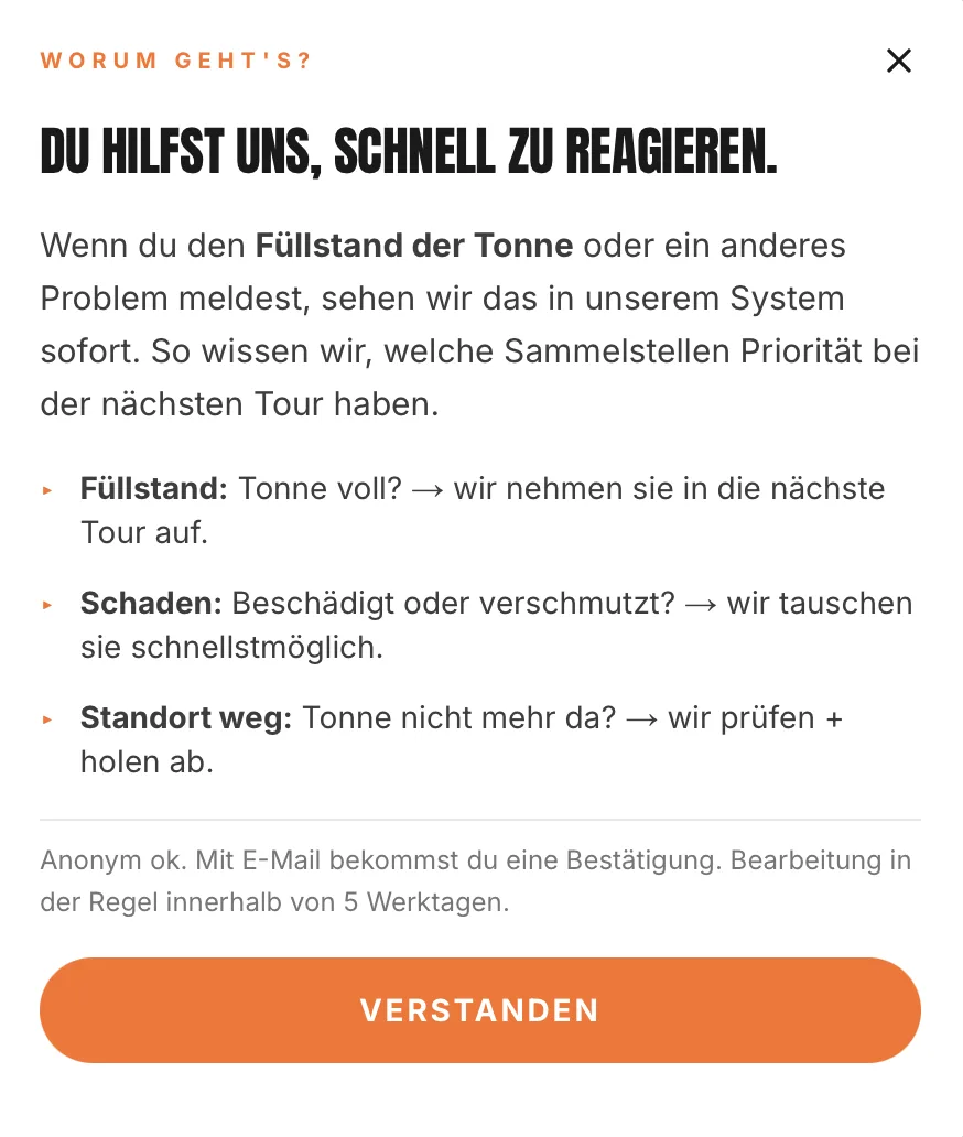 Onboarding-Modal: Du hilfst uns, schnell zu reagieren