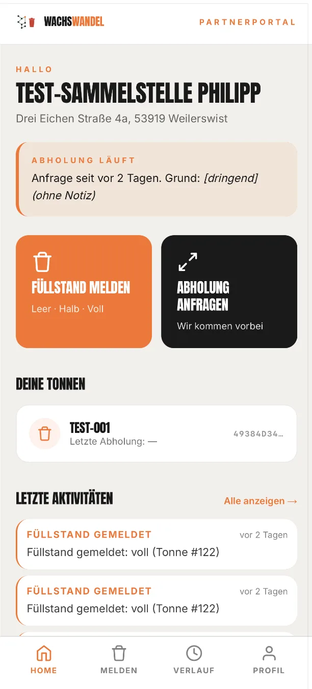 Partnerportal Dashboard mit Tonnen + Aktivitätslog