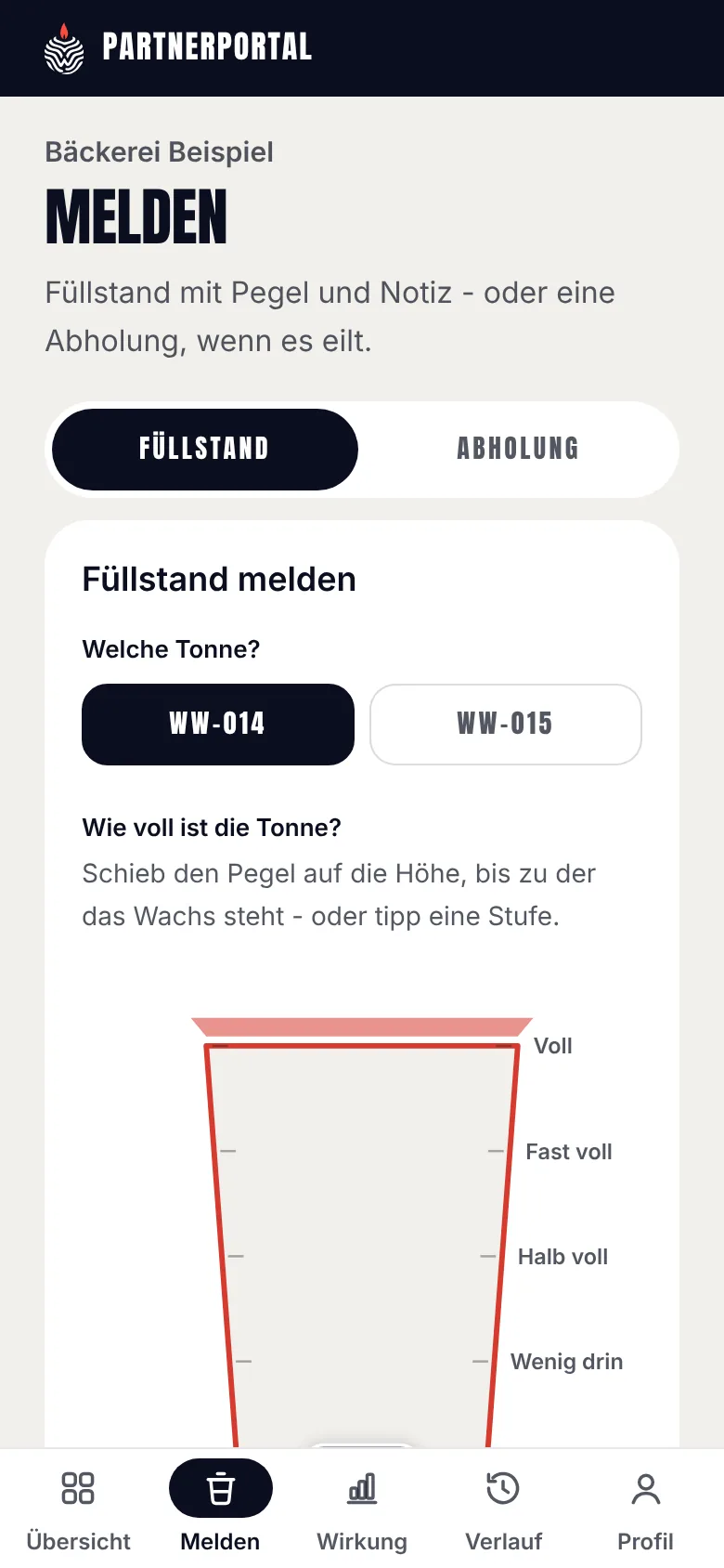 Das Partnerportal auf dem Handy: Füllstand melden mit Auswahl der Tonne und dem Pegel