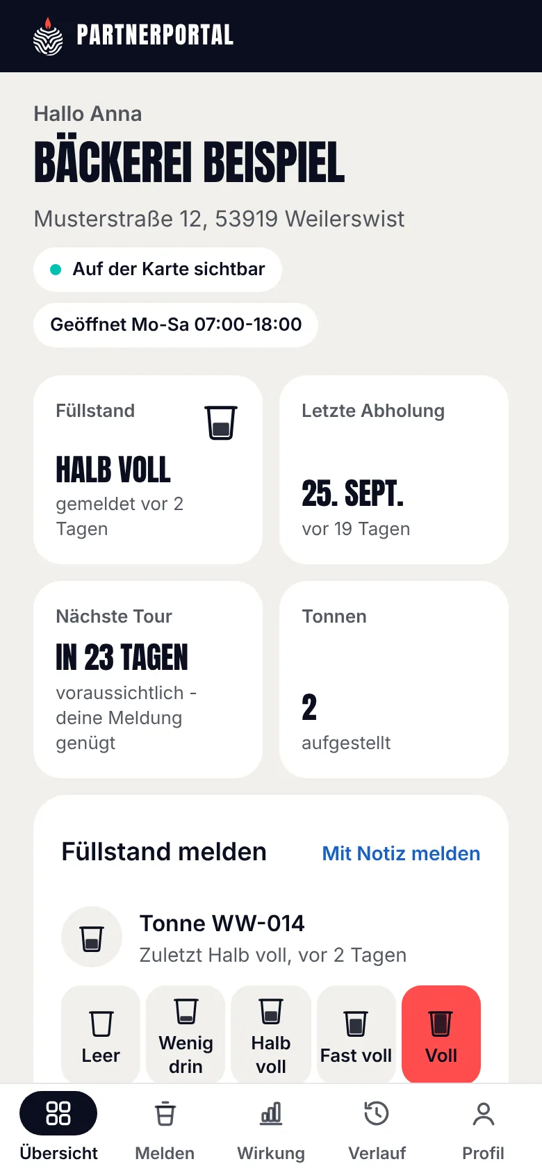 Das Partnerportal auf dem Handy: Übersicht mit Füllstand, letzter Abholung, nächster Tour und den Stufen zum Melden