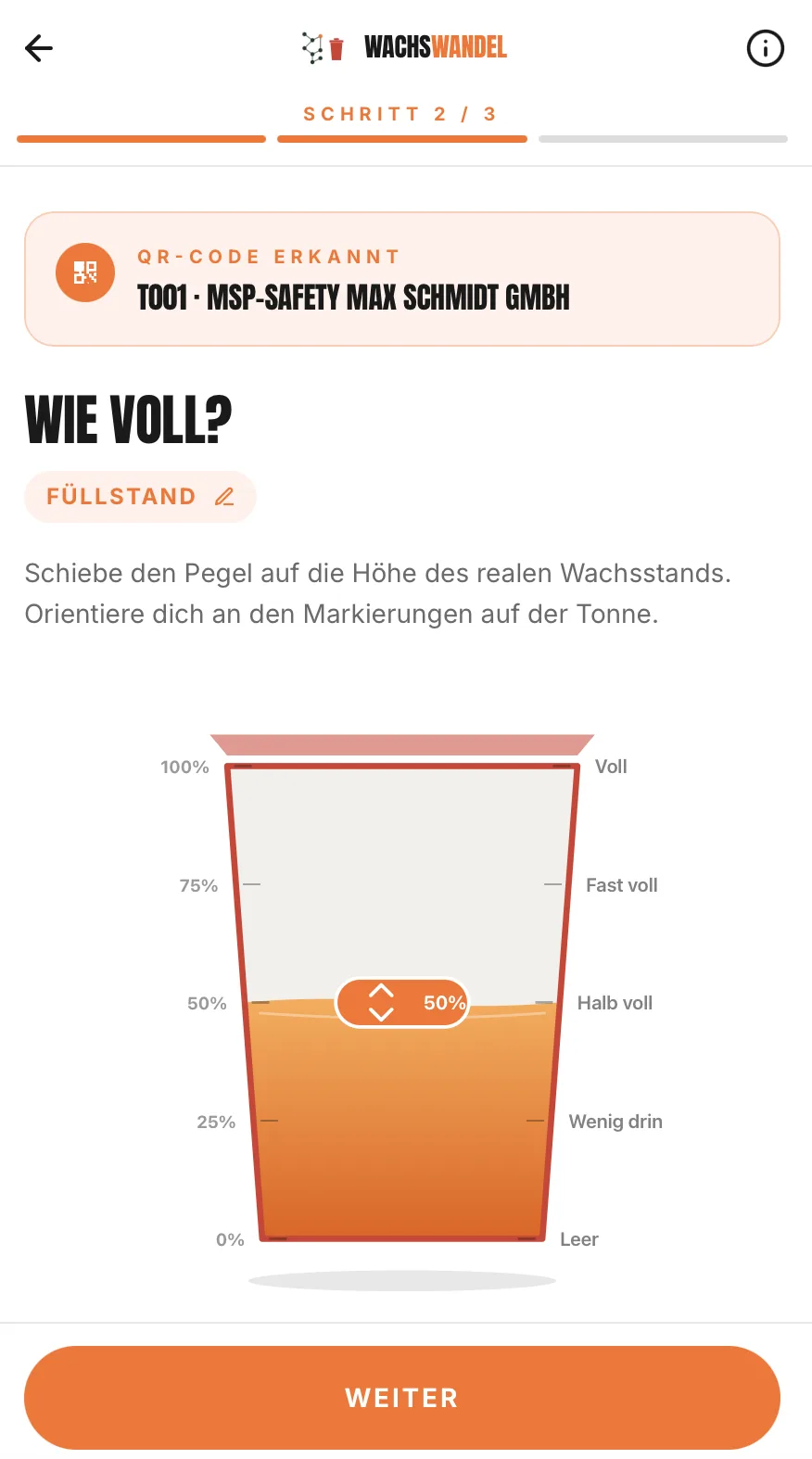 Melden-Flow: Füllstand der Tonne melden