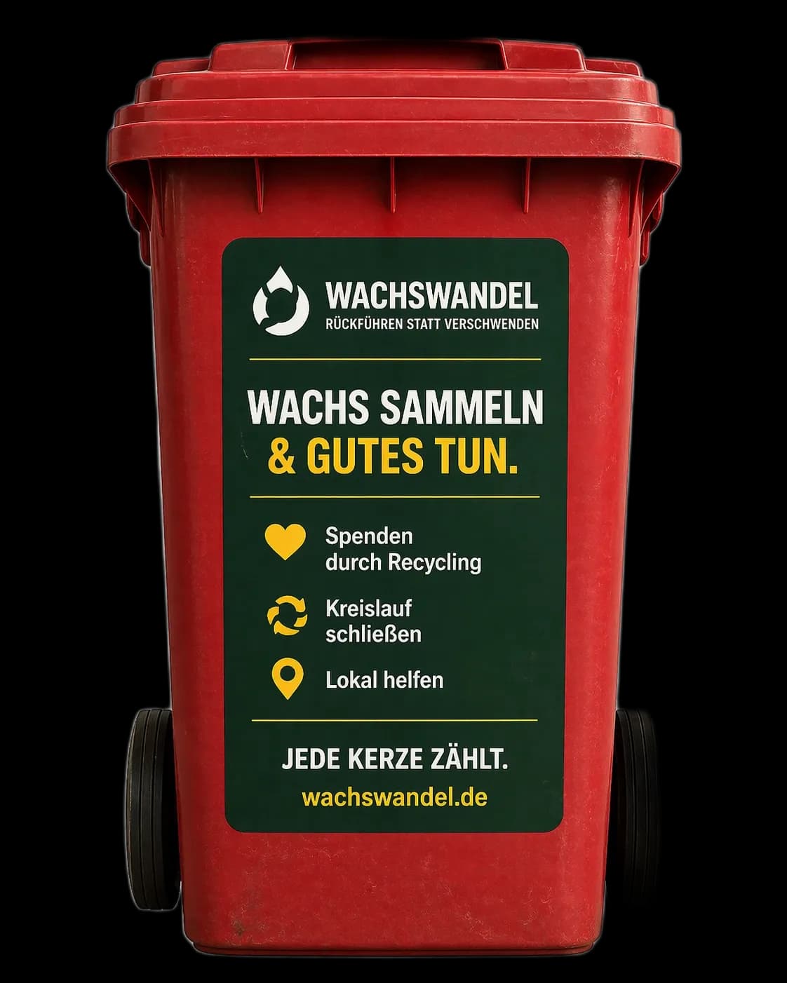 Eine rote Tonne mit grünem Aufkleber „Wachs sammeln & Gutes tun", freigestellt